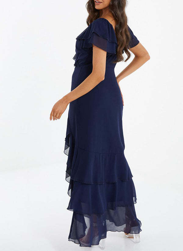 V-neck Short Sleeves Chiffon Graduation Dress With Ruffle
