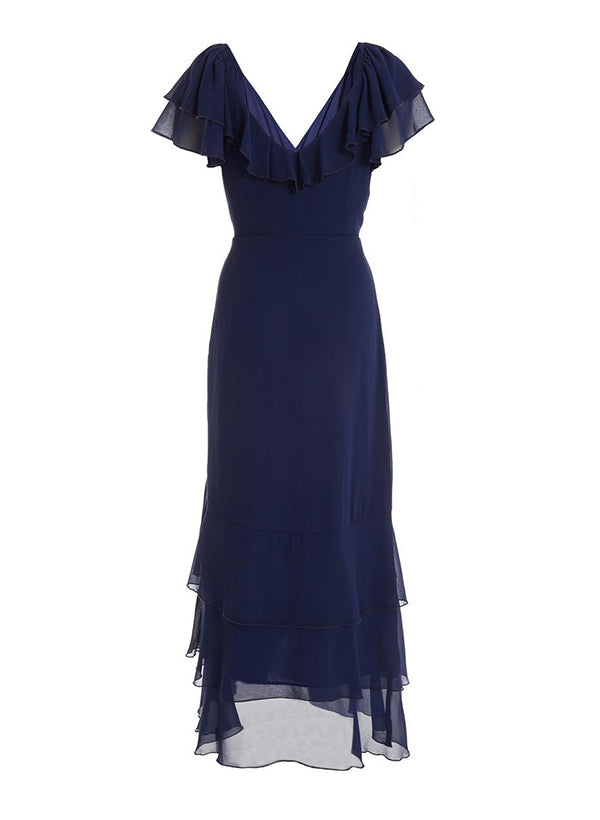V-neck Short Sleeves Chiffon Graduation Dress With Ruffle