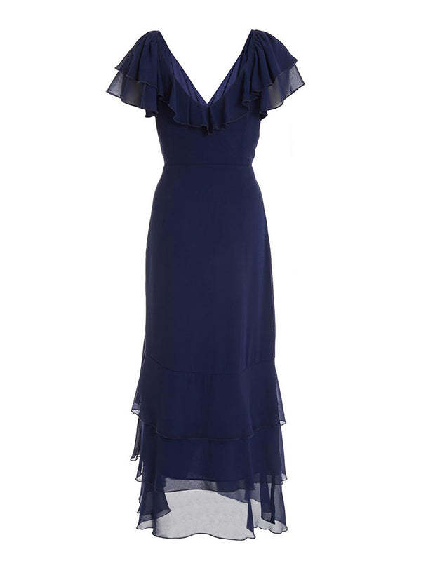 V-neck Short Sleeves Chiffon Graduation Dress With Ruffle