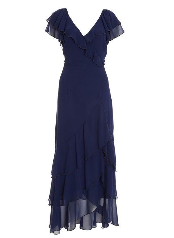 V-neck Short Sleeves Chiffon Graduation Dress With Ruffle