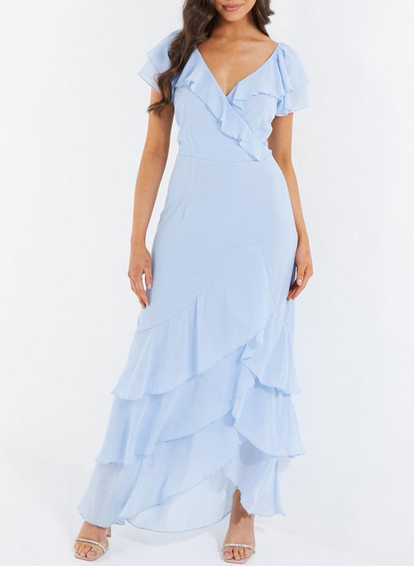 V-neck Short Sleeves Chiffon Graduation Dress With Ruffle
