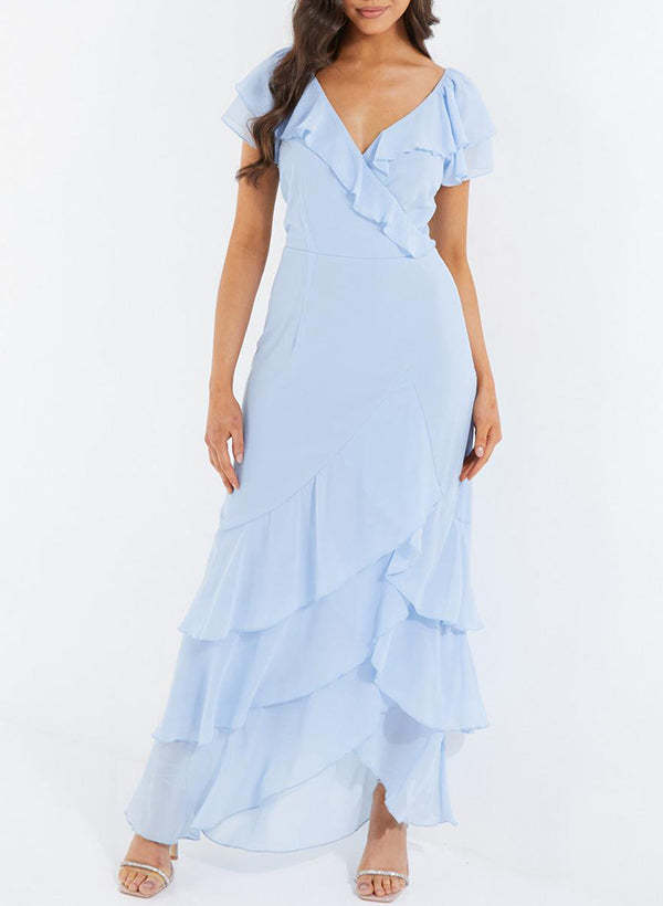 V-neck Short Sleeves Chiffon Graduation Dress With Ruffle