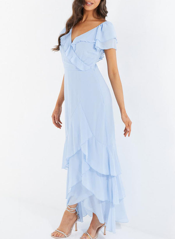 V-neck Short Sleeves Chiffon Graduation Dress With Ruffle