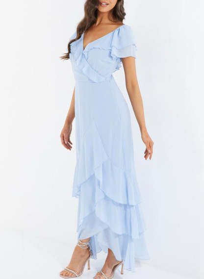 V-neck Short Sleeves Chiffon Graduation Dress With Ruffle