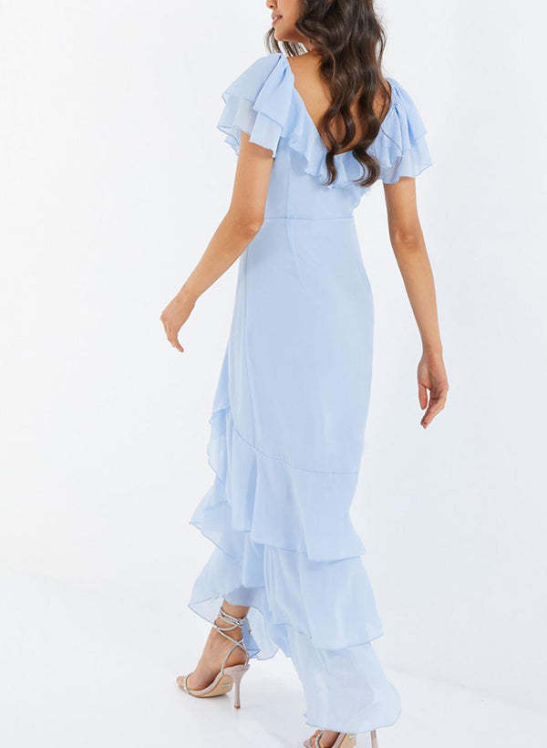 V-neck Short Sleeves Chiffon Graduation Dress With Ruffle