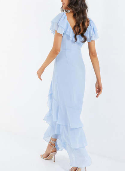 V-neck Short Sleeves Chiffon Graduation Dress With Ruffle