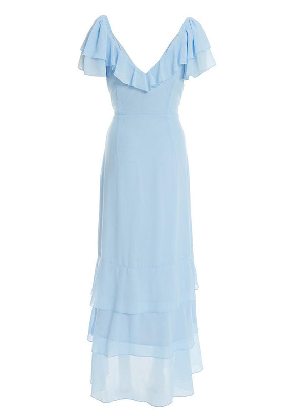 V-neck Short Sleeves Chiffon Graduation Dress With Ruffle