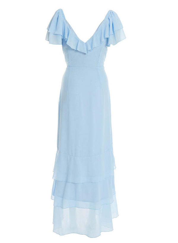 V-neck Short Sleeves Chiffon Graduation Dress With Ruffle