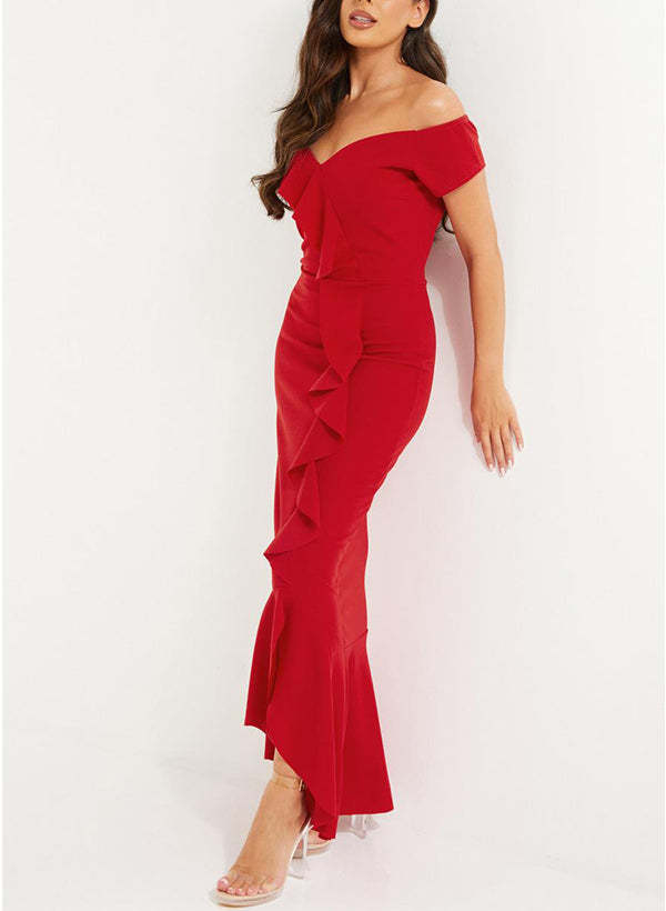 Off-the-Shoulder Chiffon Graduation Dress With Ruffle - Sheath/Column