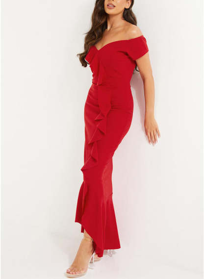 Off-the-Shoulder Chiffon Graduation Dress With Ruffle - Sheath/Column