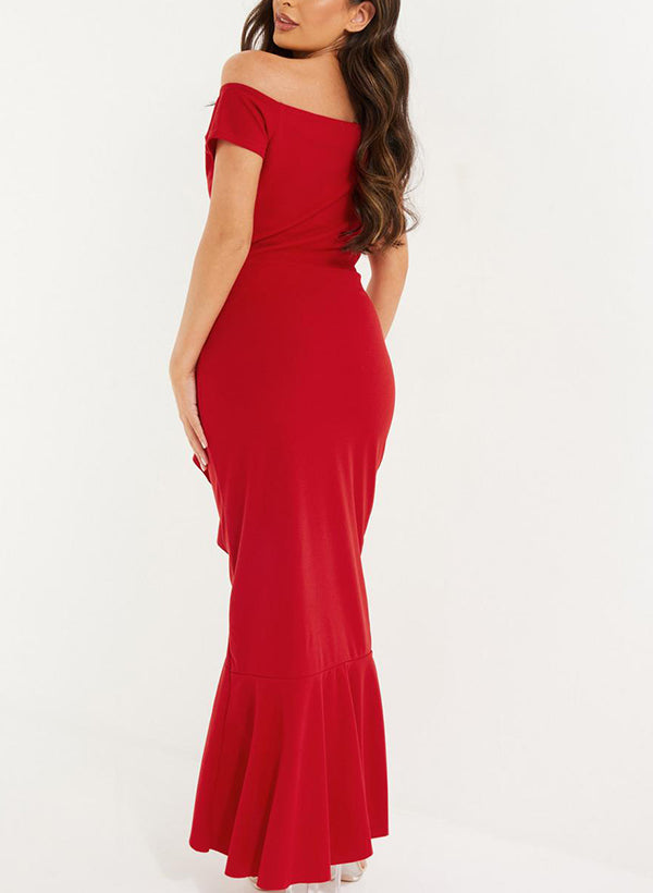 Off-the-Shoulder Chiffon Graduation Dress With Ruffle - Sheath/Column