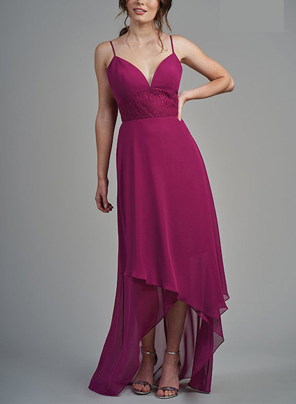 A-Line V-Neck Asymmetrical Chiffon Graduation Dress With Appliques Lace