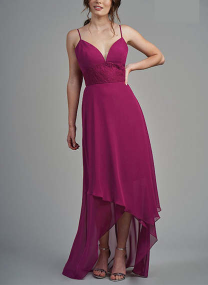 A-Line V-Neck Asymmetrical Chiffon Graduation Dress With Appliques Lace