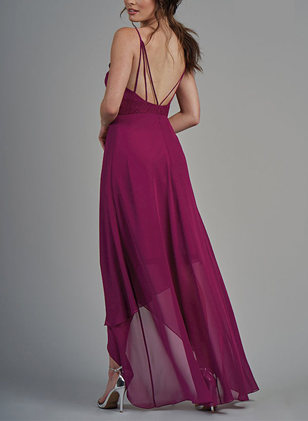 A-Line V-Neck Asymmetrical Chiffon Graduation Dress With Appliques Lace