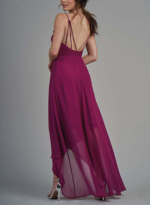 A-Line V-Neck Asymmetrical Chiffon Graduation Dress With Appliques Lace