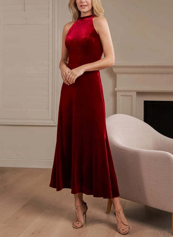 A-Line Halter Sleeveless Ankle-Length Velvet Graduation Dress