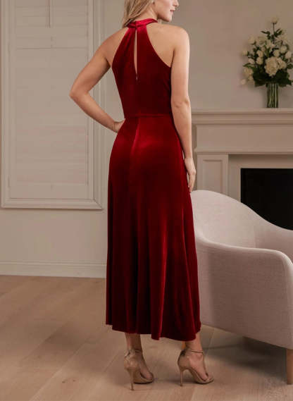 A-Line Halter Sleeveless Ankle-Length Velvet Graduation Dress