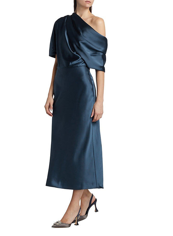 One-Shoulder Sleeveless Tea-Length Satin Graduation Dress