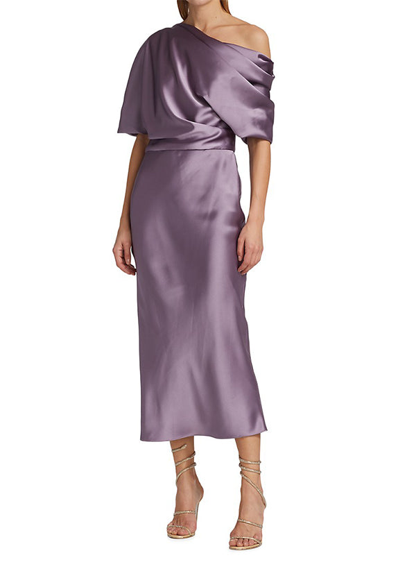 One-Shoulder Sleeveless Tea-Length Satin Graduation Dress