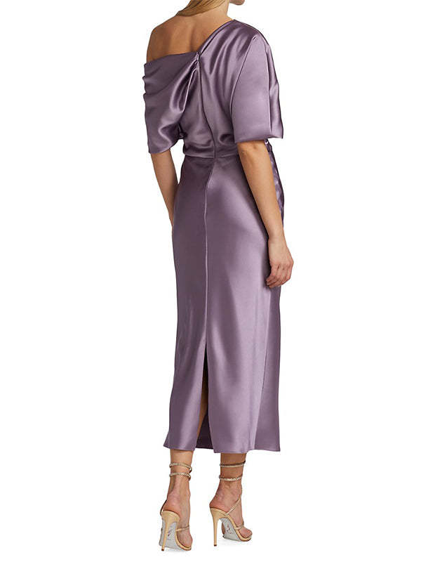 One-Shoulder Sleeveless Tea-Length Satin Graduation Dress