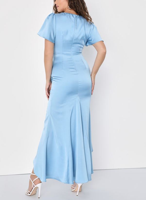 V-Neck Short Sleeves Asymmetrical Satin Graduation Dress