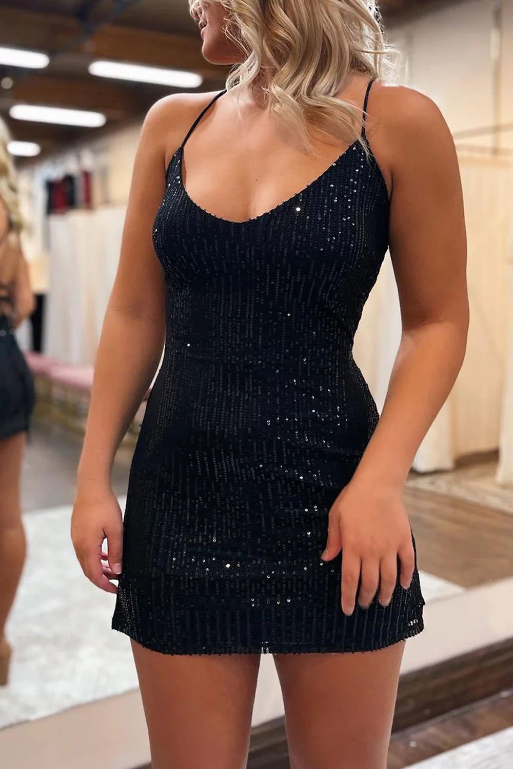 Sheath Black Sequins Short Cocktail Dress With Criss Cross Back