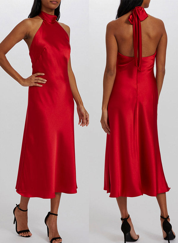 A-Line Halter Sleeveless Tea-Length Silk-Like Satin Graduation Dress