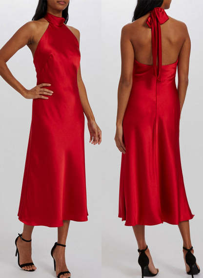 A-Line Halter Sleeveless Tea-Length Silk-Like Satin Graduation Dress