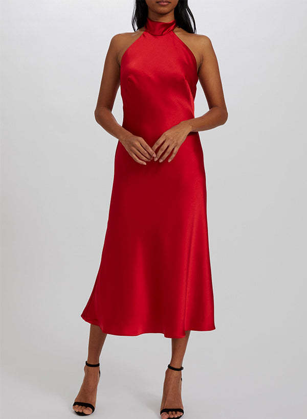 A-Line Halter Sleeveless Tea-Length Silk-Like Satin Graduation Dress