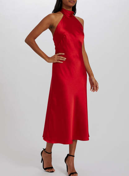 A-Line Halter Sleeveless Tea-Length Silk-Like Satin Graduation Dress