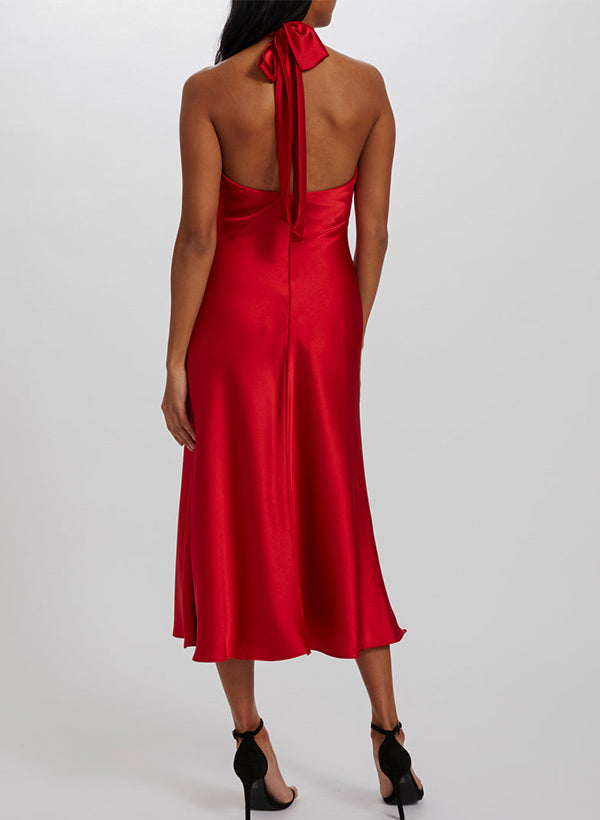 A-Line Halter Sleeveless Tea-Length Silk-Like Satin Graduation Dress