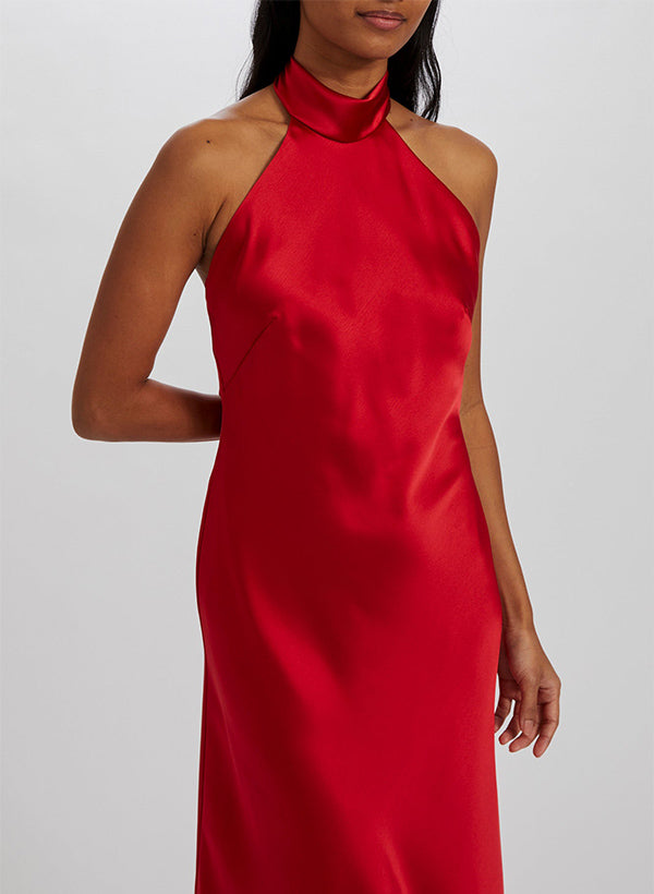 A-Line Halter Sleeveless Tea-Length Silk-Like Satin Graduation Dress