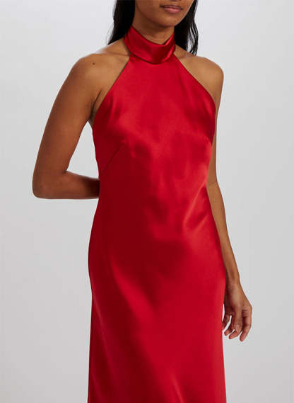 A-Line Halter Sleeveless Tea-Length Silk-Like Satin Graduation Dress