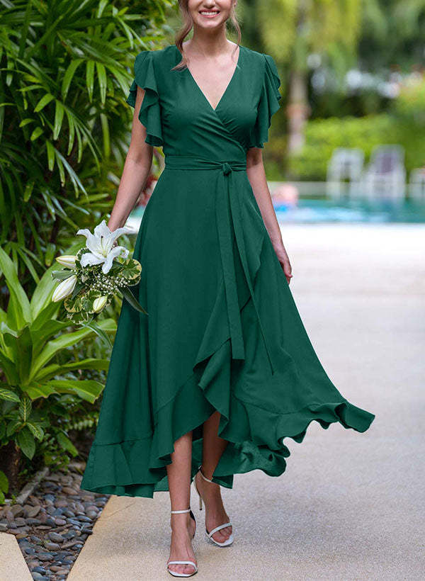 A-Line V-Neck Sleeveless Chiffon Graduation Dress Ruffle