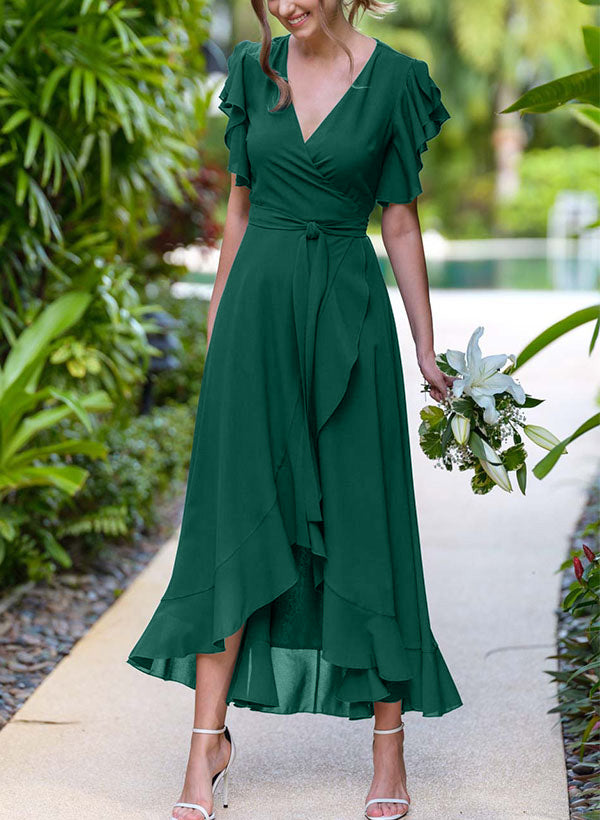 A-Line V-Neck Sleeveless Chiffon Graduation Dress Ruffle