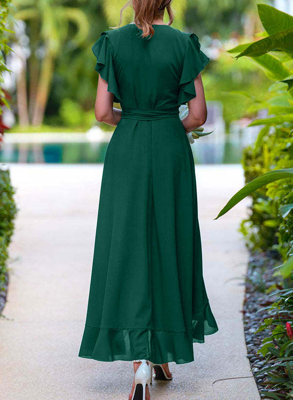 A-Line V-Neck Sleeveless Chiffon Graduation Dress Ruffle