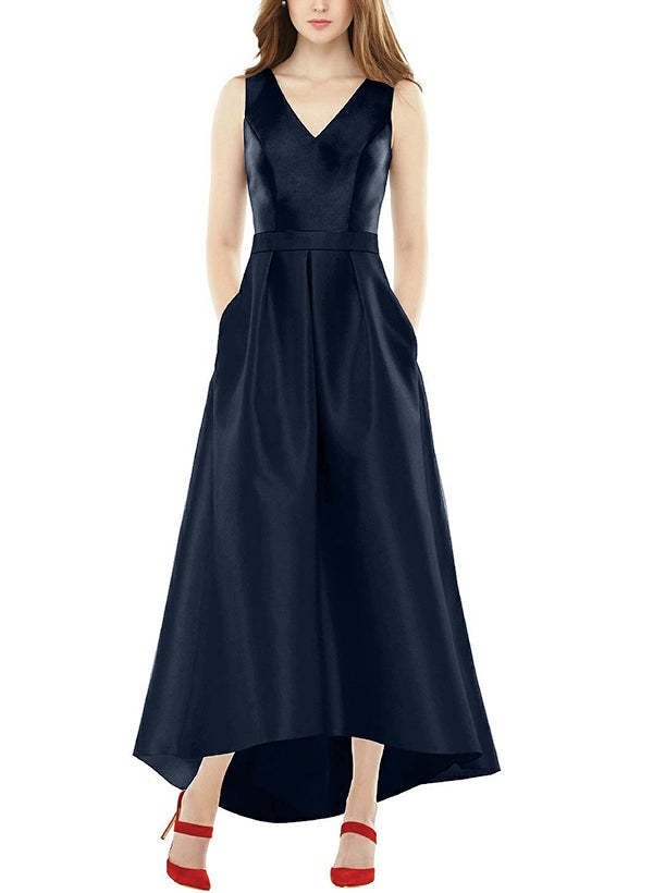 Satin V-Neck Sleeveless A-Line Ankle-Length Graduation Dress