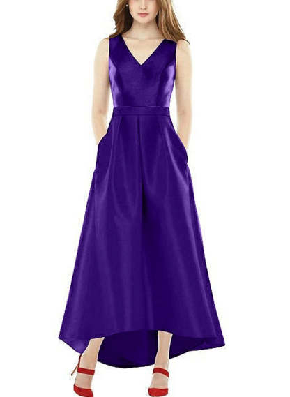 Satin V-Neck Sleeveless A-Line Ankle-Length Graduation Dress