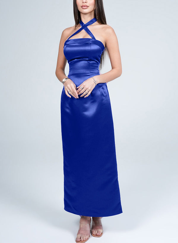 Halter Sleeveless Silk Like Satin Graduation Dress