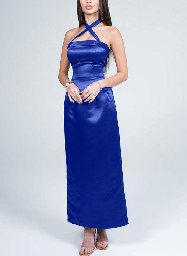 Halter Sleeveless Silk Like Satin Graduation Dress