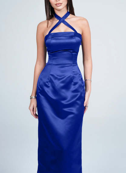 Halter Sleeveless Silk Like Satin Graduation Dress