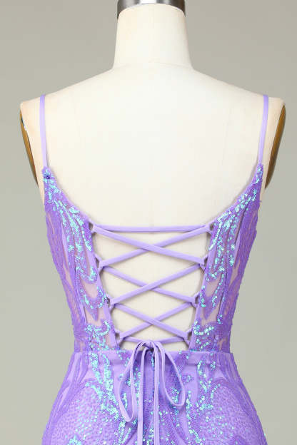 Sparkly Sheath Spaghetti Straps Lilac Sequins Short Cocktail Dress With Criss Cross Back