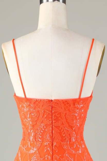 Sparkly Sheath Spaghetti Straps Orange Sequins Corset Cocktail Dress