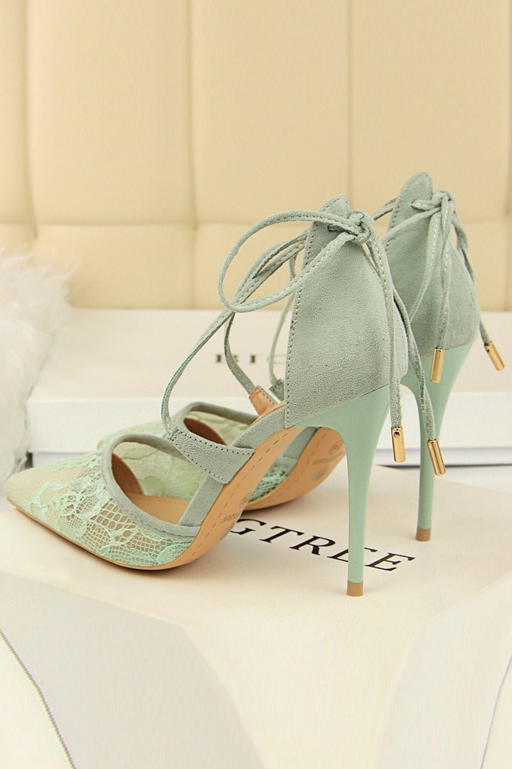 Pointed Toe Mesh Lace High Heels with Cross Straps