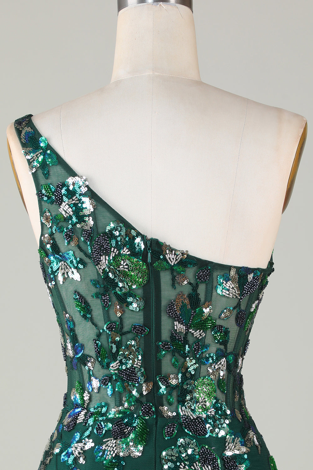 Bodycon One Shoulder Green Sequins Short Cocktail Dress With Feather