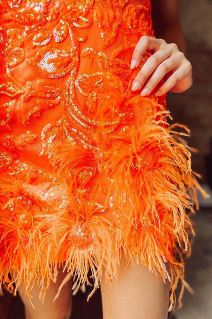 Sparkly Sheath Deep V Neck Orange Sequins Short Cocktail Dress With Feather