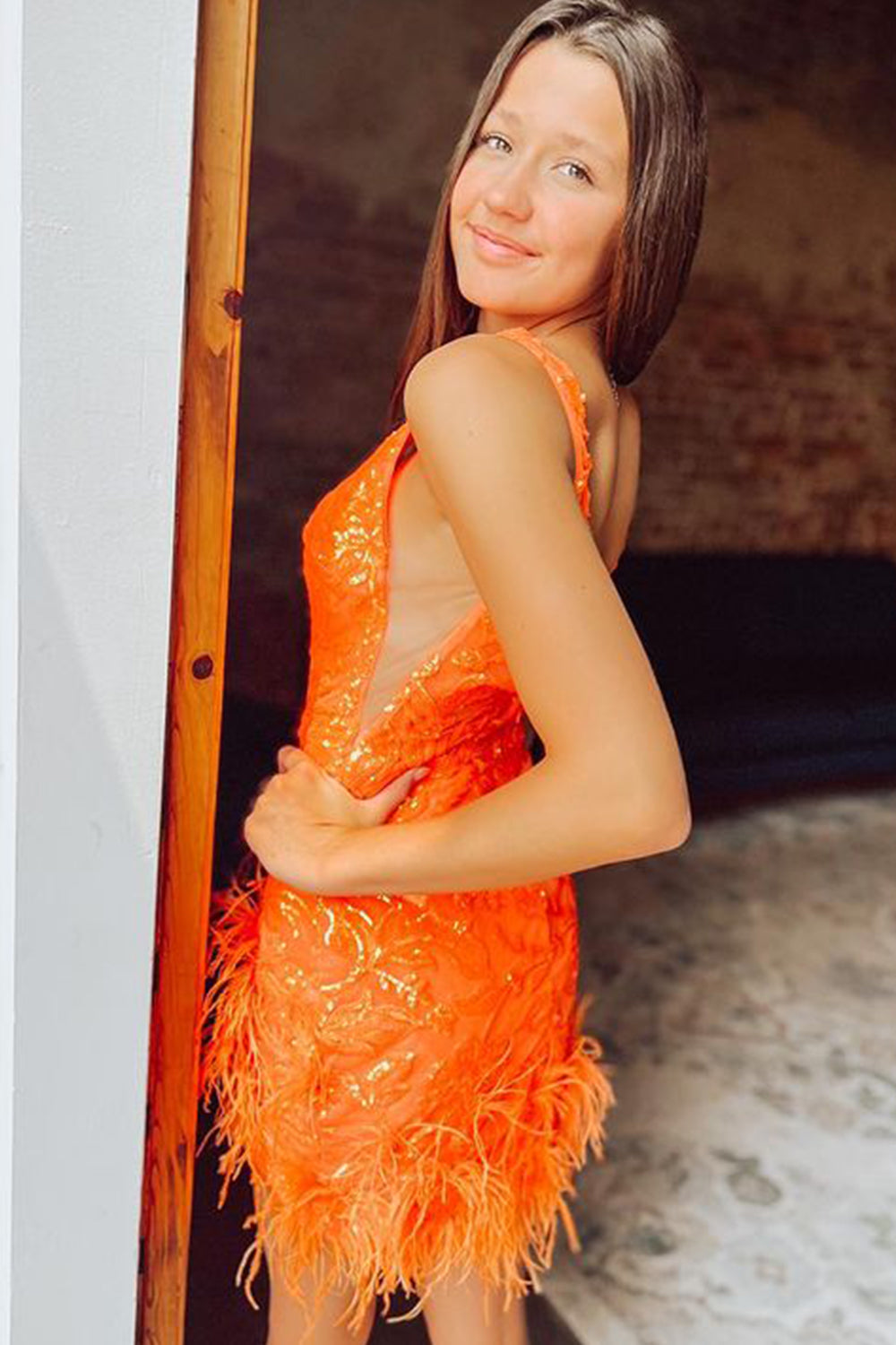Sparkly Sheath Deep V Neck Orange Sequins Short Cocktail Dress With Feather