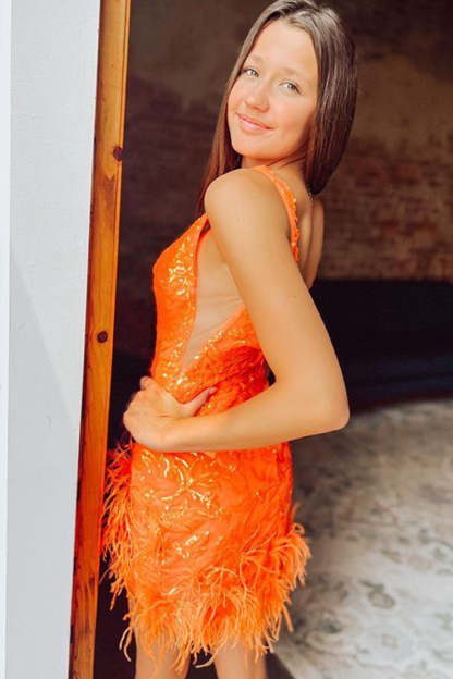 Sparkly Sheath Deep V Neck Orange Sequins Short Cocktail Dress With Feather