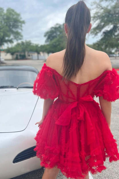 Cute A Line Off The Shoulder Black Tulle Corset Cocktail Dress