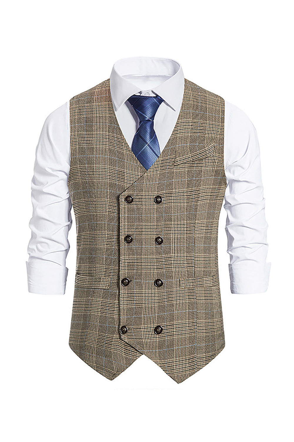 Men's Double Breasted Brown Pinstripe Vest with Shawl Lapel